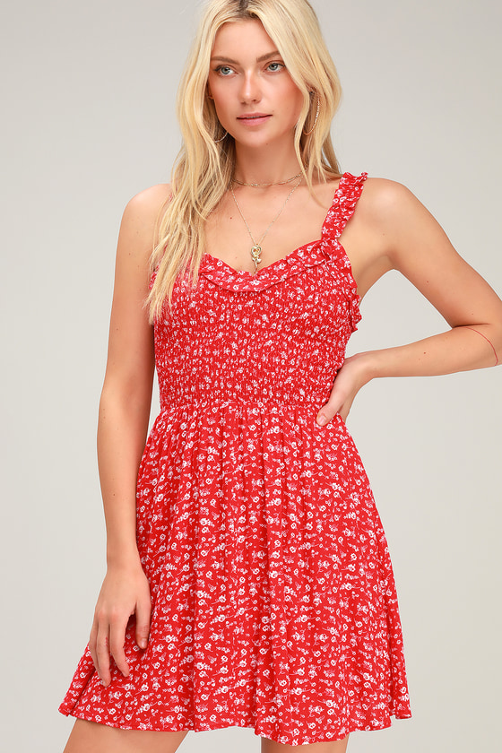 Cute Red Floral Dress - Smocked Mini Dress - Floral Print Dress - Lulus