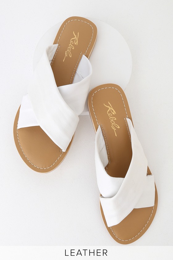 Rebels Jenny White Leather Sandals - Crisscrossing Slide Sandals - Lulus