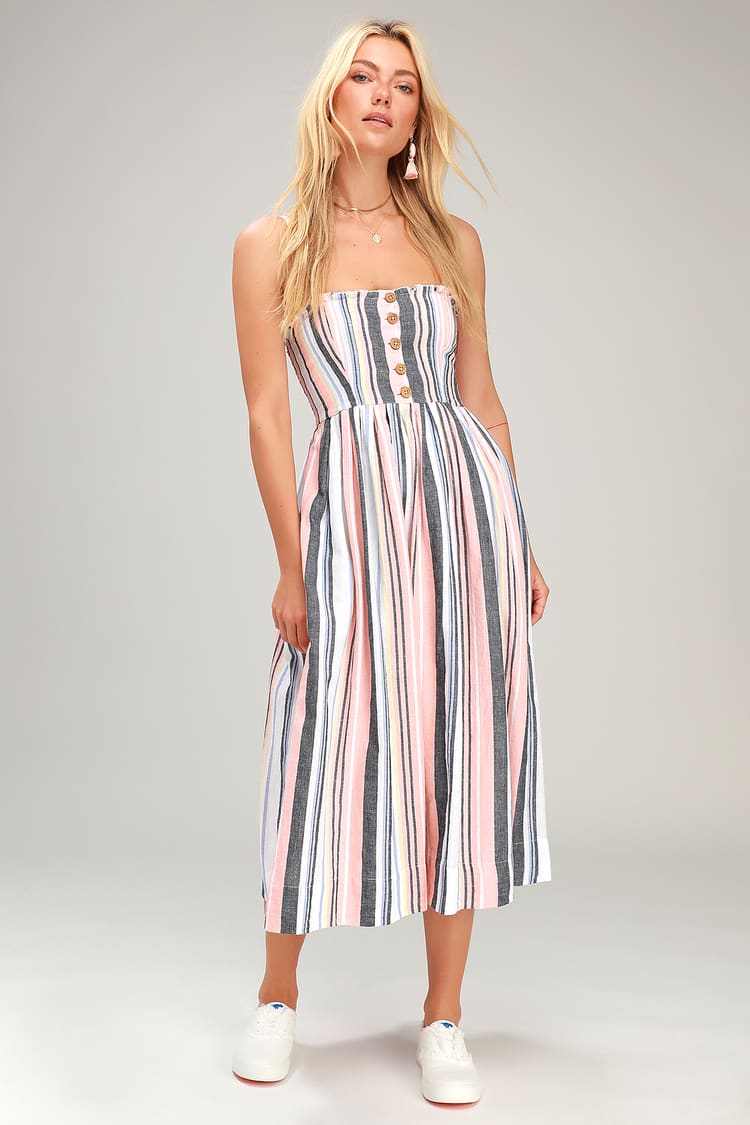 Free People Lilah - Striped Midi Dress - Sleeveless Smocked Dress - Lulus