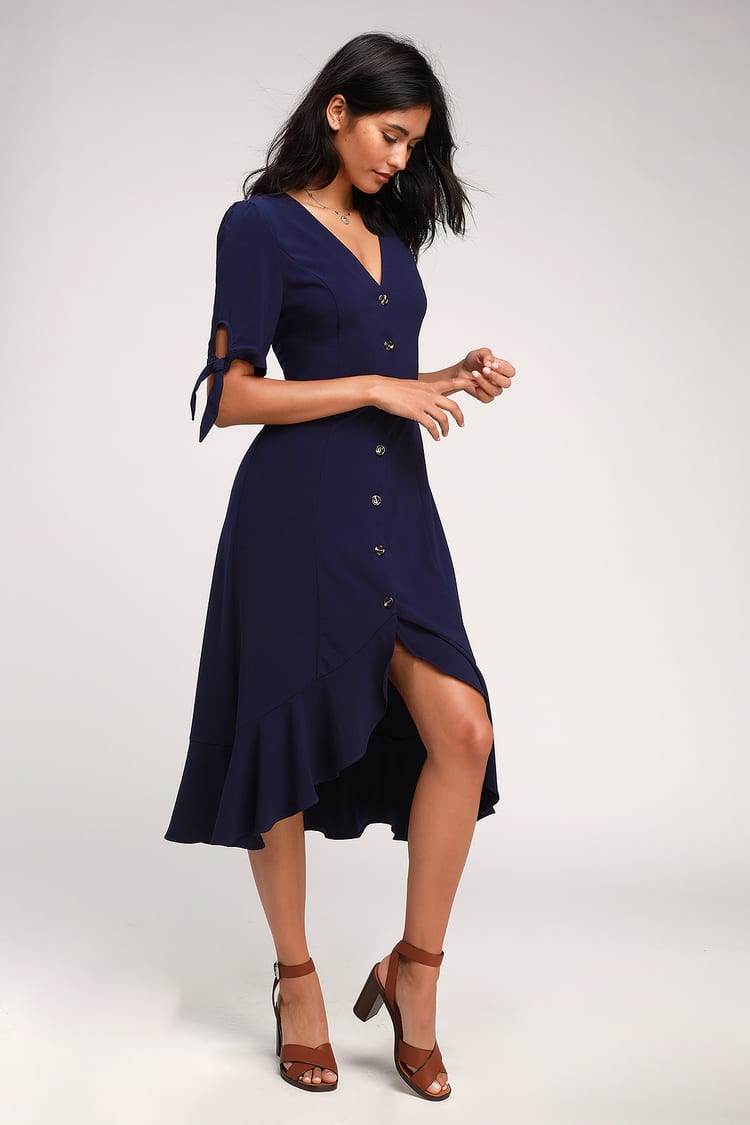 Chic Navy Midi Dress - Button Front Dress - Short Sleeve Dress - Lulus