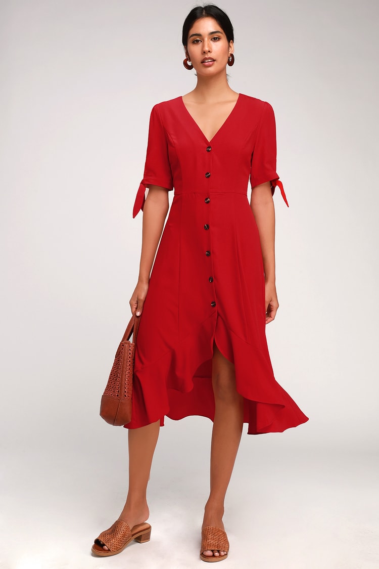 Chic Red Midi Dress - Button Front Dress - Short Sleeve Dress - Lulus