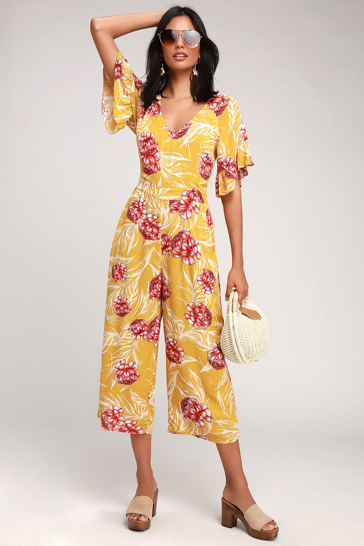 Cute Floral Jumpsuit - Mustard Yellow Jumpsuit - Culotte Jumpsuit - Lulus