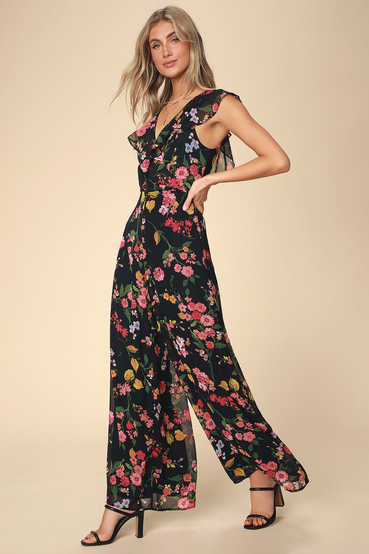 Cute Black Jumpsuit - Floral Print Jumpsuit - Ruffled Jumpsuit - Lulus