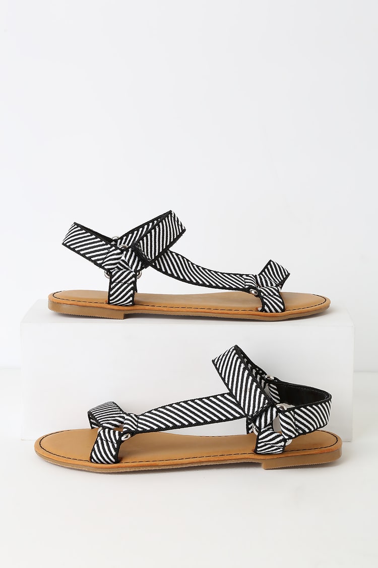 Cute Black and White Sandals - Flat Sandals - Velcro Sandals - Lulus