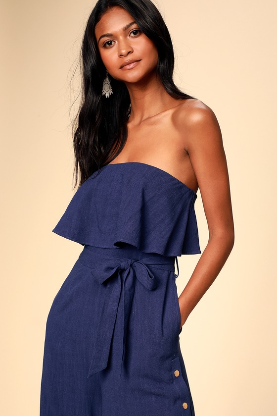 Navy strapless cheap jumpsuit