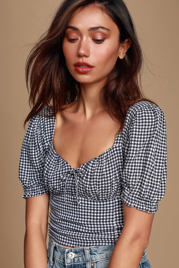 Cute Blue and White Gingham Top - Crop Top - Puff Sleeve Top - Lulus