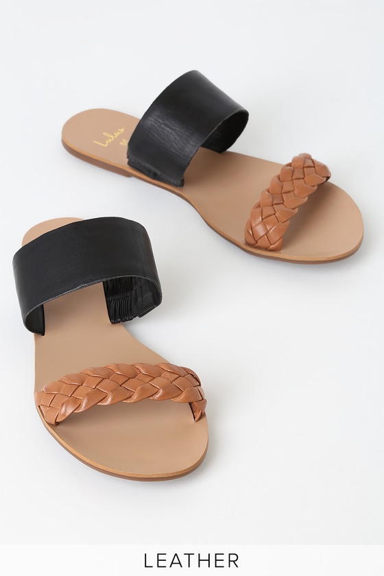 Chic Cognac and Black Slide Sandals - Leather Slide Sandals - Lulus
