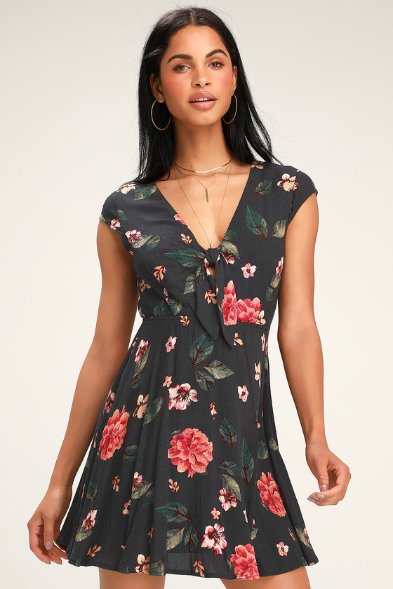 Gables Washed Navy Blue Floral Print Tie-Front Skater Dress