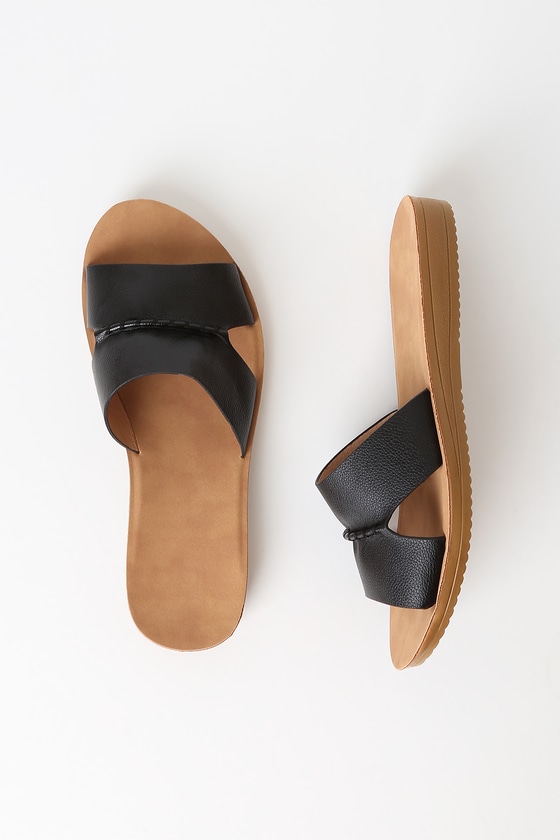 Cute Black Slide Sandals - Vegan Leather Sandals - Peep-Toe Shoes - Lulus