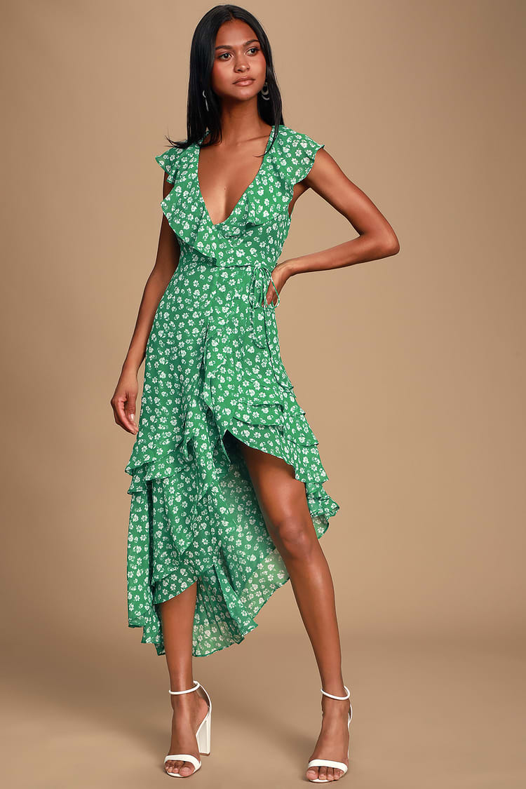 Cute Green Floral Print Dress - Ruffled Dress - Wrap Midi Dress - Lulus
