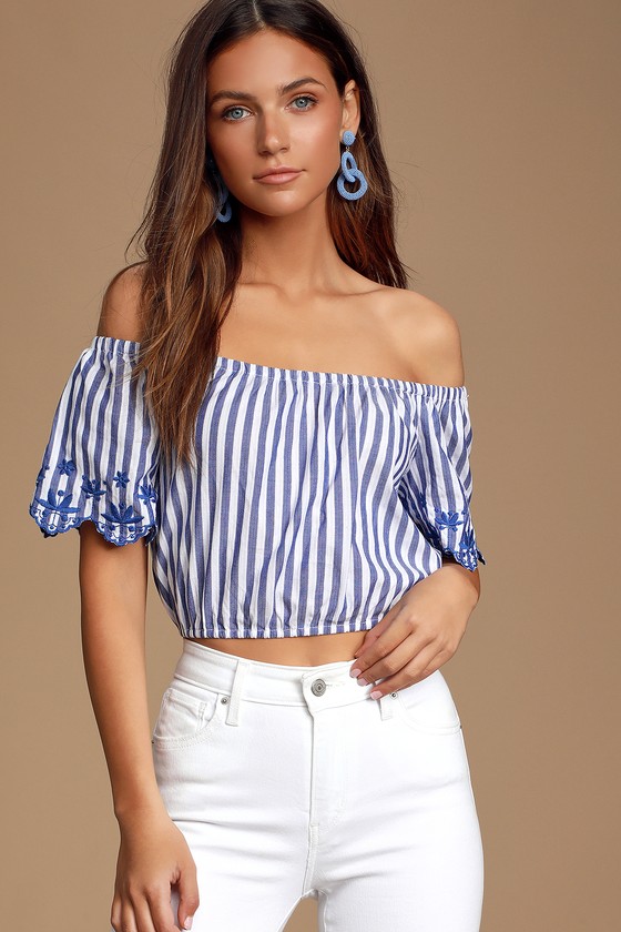 Cute Blue Striped Top - Off-the-Shoulder Embroidered Crop Top - Lulus