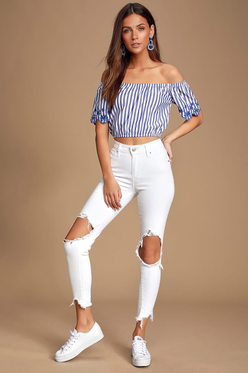 Cute Blue Striped Top - Off-the-Shoulder Embroidered Crop Top - Lulus