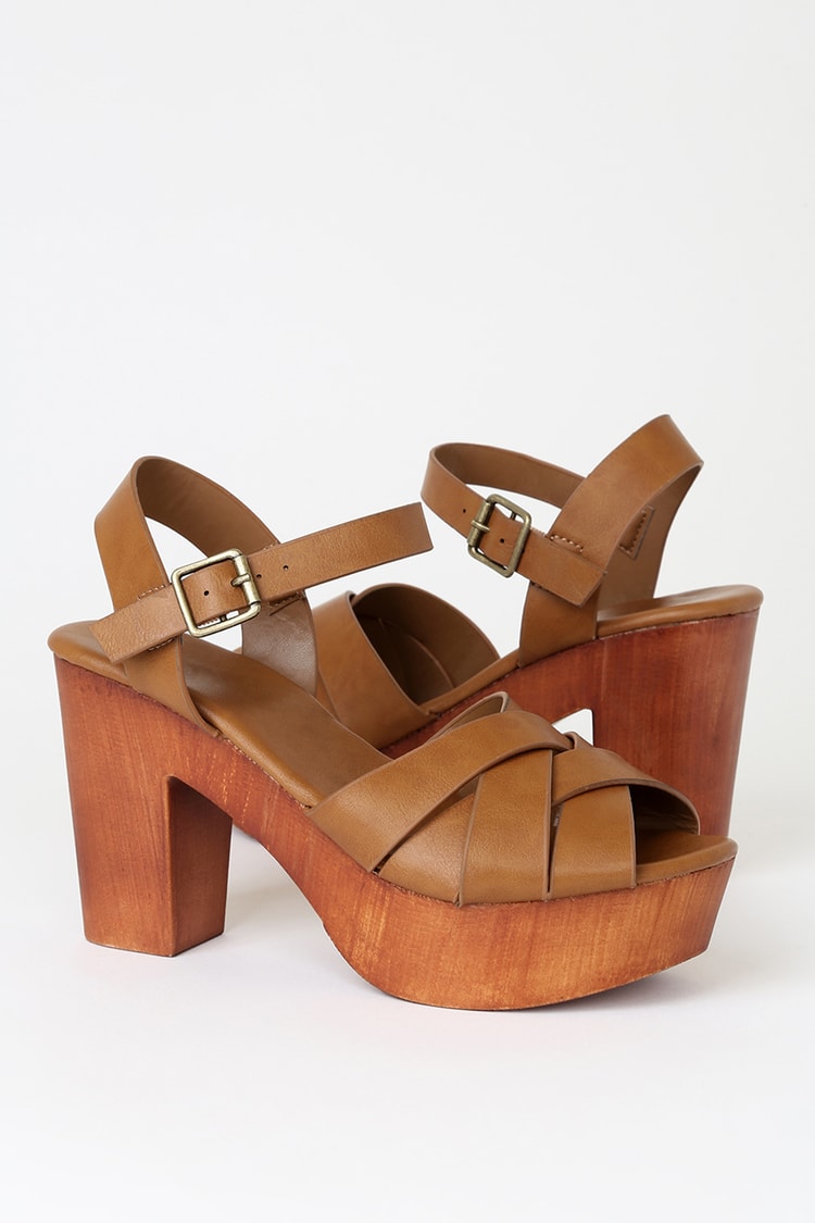 Cute Tan Heels - Platform Sandals - Wooden Platform Heels - Lulus