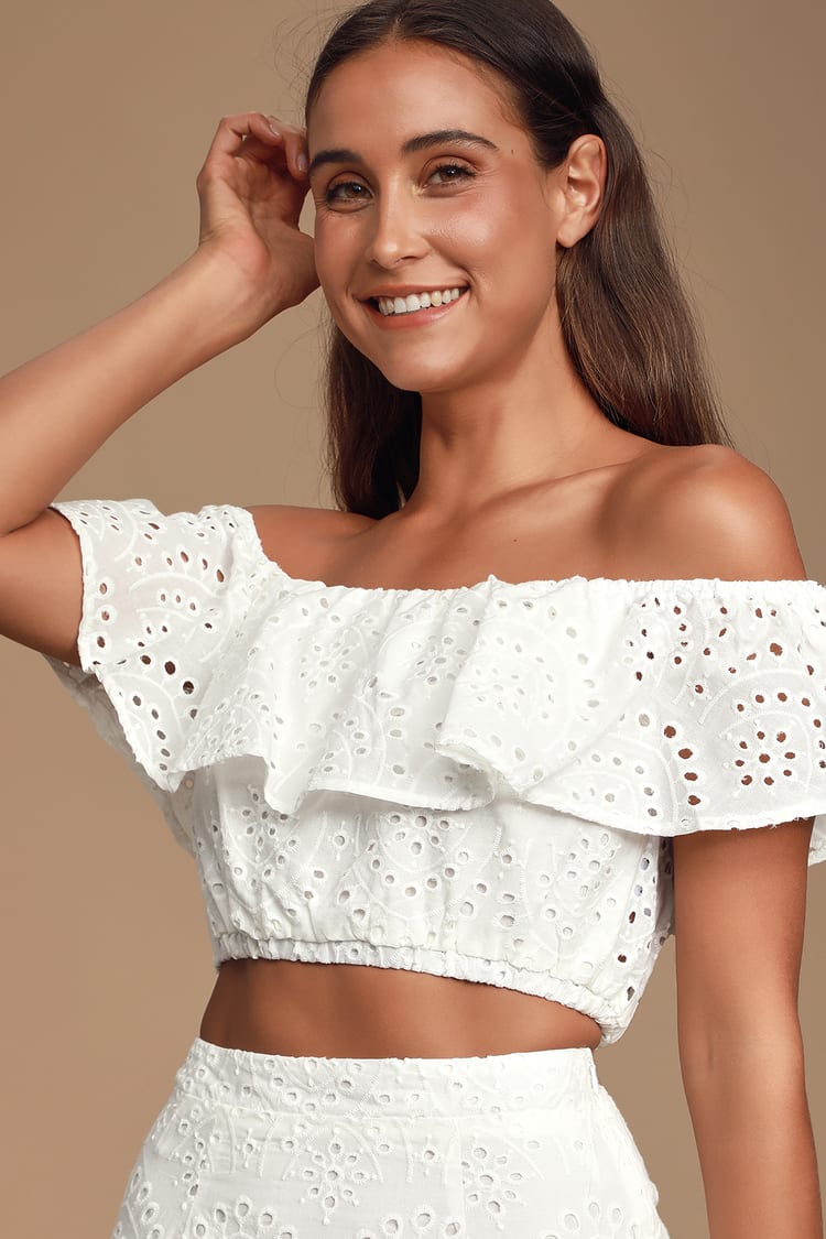 Fun White Crop Top - Off-the-Shoulder Top - Eyelet Lace Top - Set - Lulus
