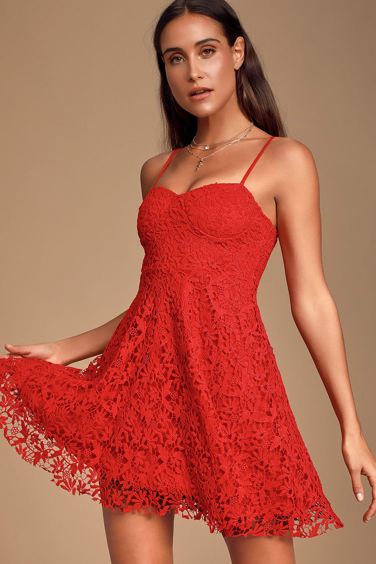 Sexy Red Lace Dress - Red Skater Dress - Lace Bustier Dress - Lulus
