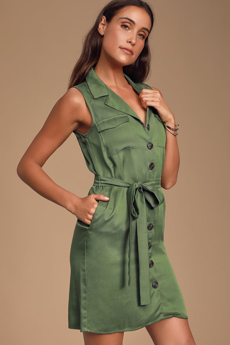 Tenino Olive Green Sleeveless Button-Up Shirt Dress
