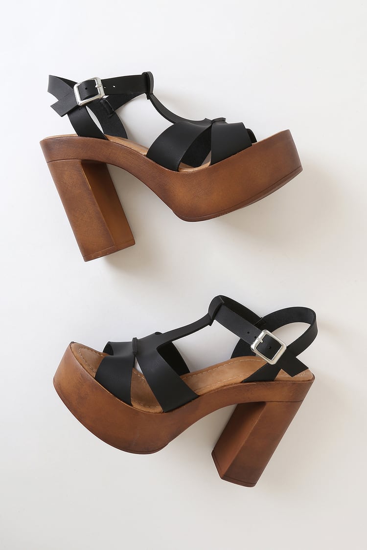 Cute Black Heels - Wood-Look Platform Heels - Platform Sandals - Lulus