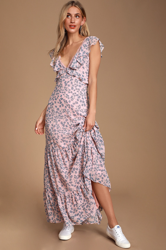 Cute Blue and Pink Maxi Dress - Floral Print Maxi - Chiffon Maxi - Lulus