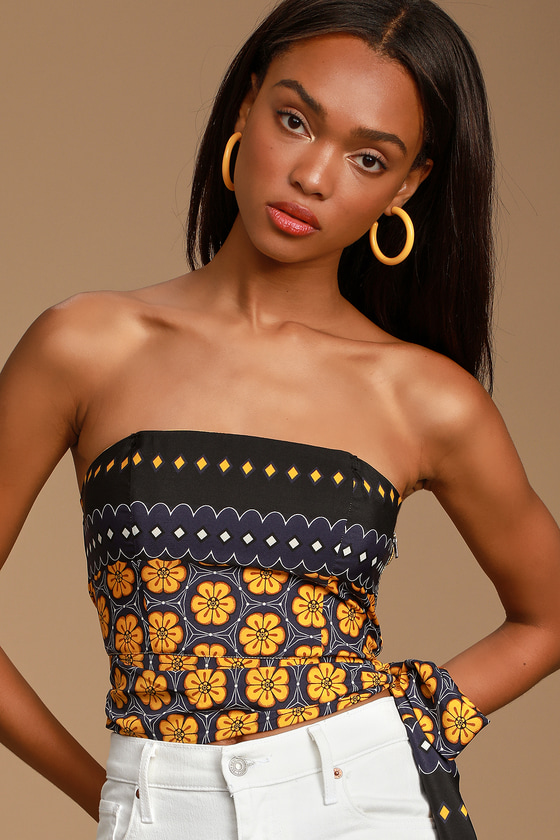 Believe it or Not Navy Blue Multi Floral Print Strapless Top