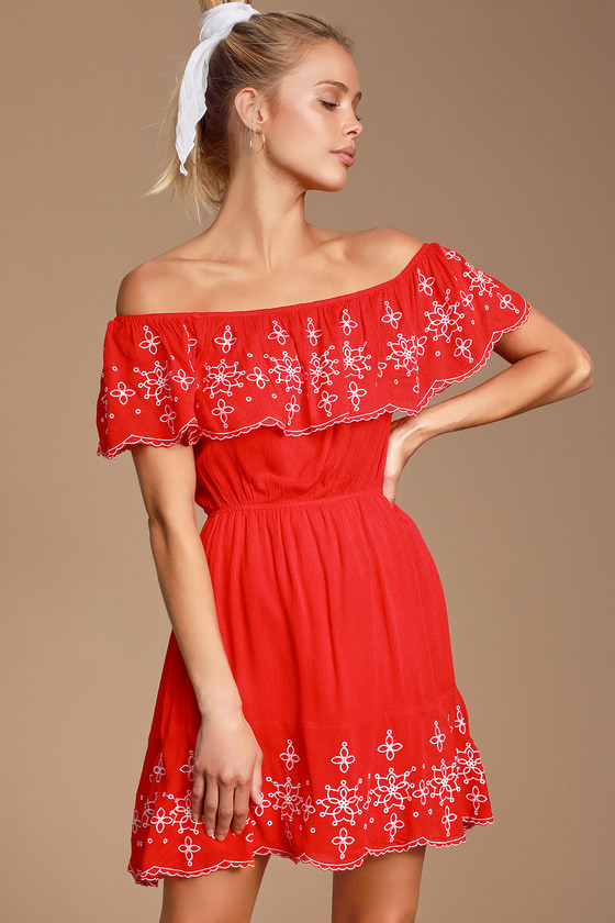 Layla Red Ruffle Embroidered Skater Dress - Lulus Exclusive! Confidence is key in the Lulus Layla Red Ruffle Embroidered Skater Dress! Gauzy woven fabric, with white floral embroidery throughout, forms an elasticized neckline atop a flirty flounce (that can also be worn off-the-shoulder). Elasticized waist and more embroidery at the hem of the short, A-line skirt. You'll have no problem squeezing this lightweight, woven piece into your vacation suitcase!