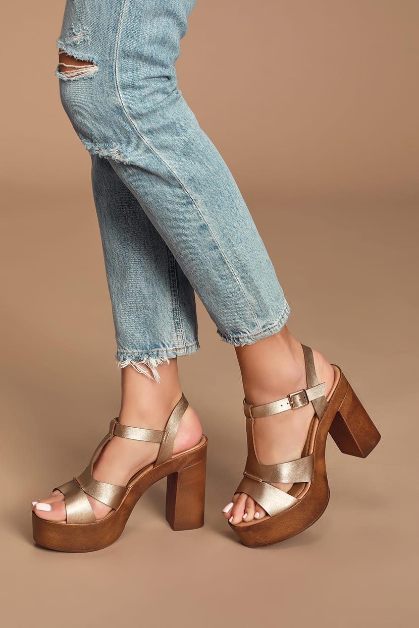 Cute Gold Heels - Wood-Look Platform Heels - Platform Sandals - Lulus