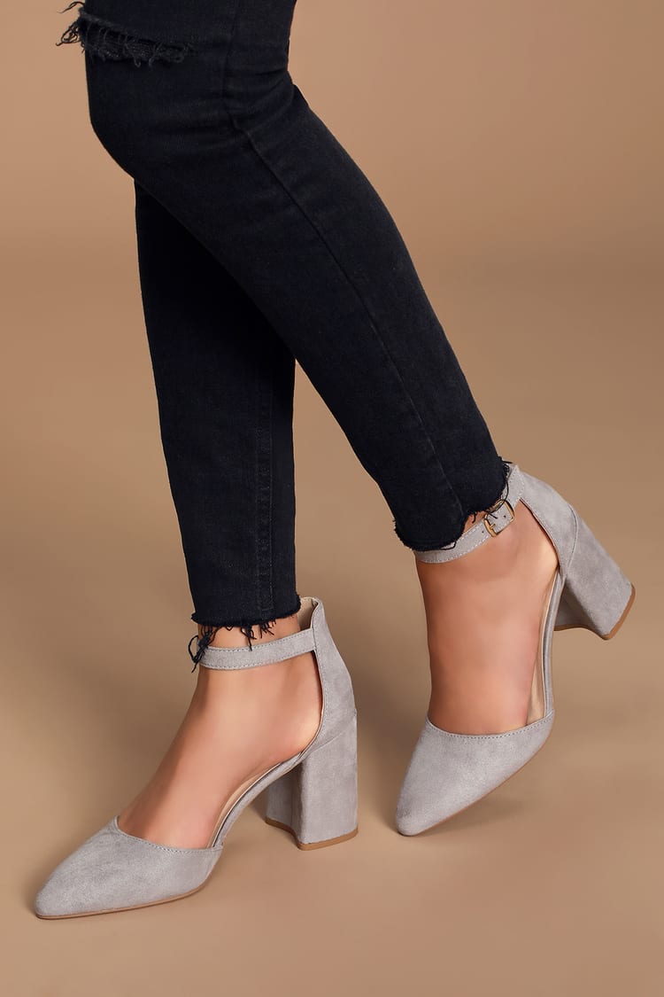 Grey Heels - Ankle Strap Heels - Suede Block Heels - Lulus