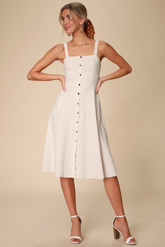 Cute Cream Dress - Cotton Midi Dress - Button Front Midi Dress - Lulus