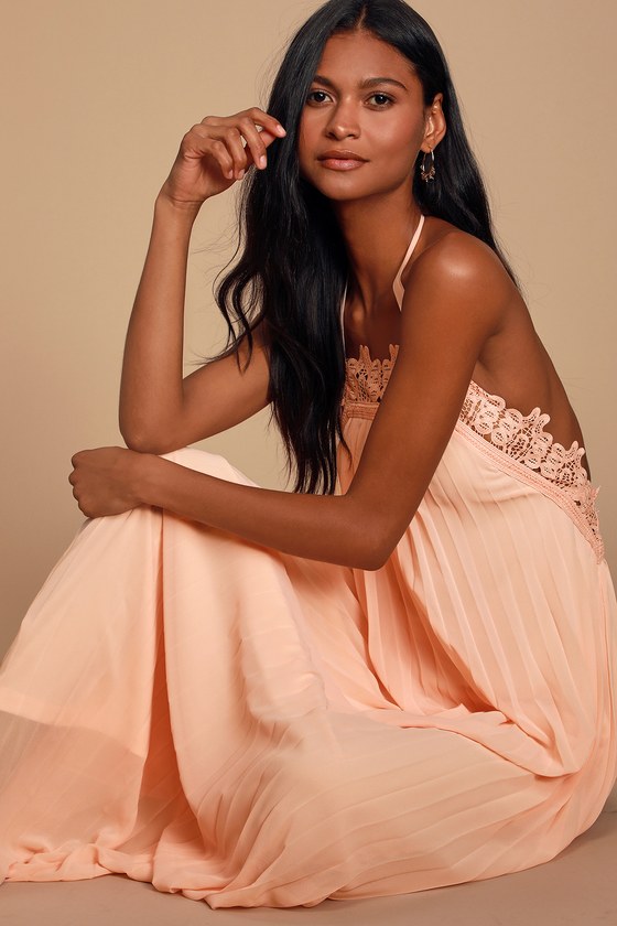 Encinitas Peach Lace Pleated Halter Maxi Dress