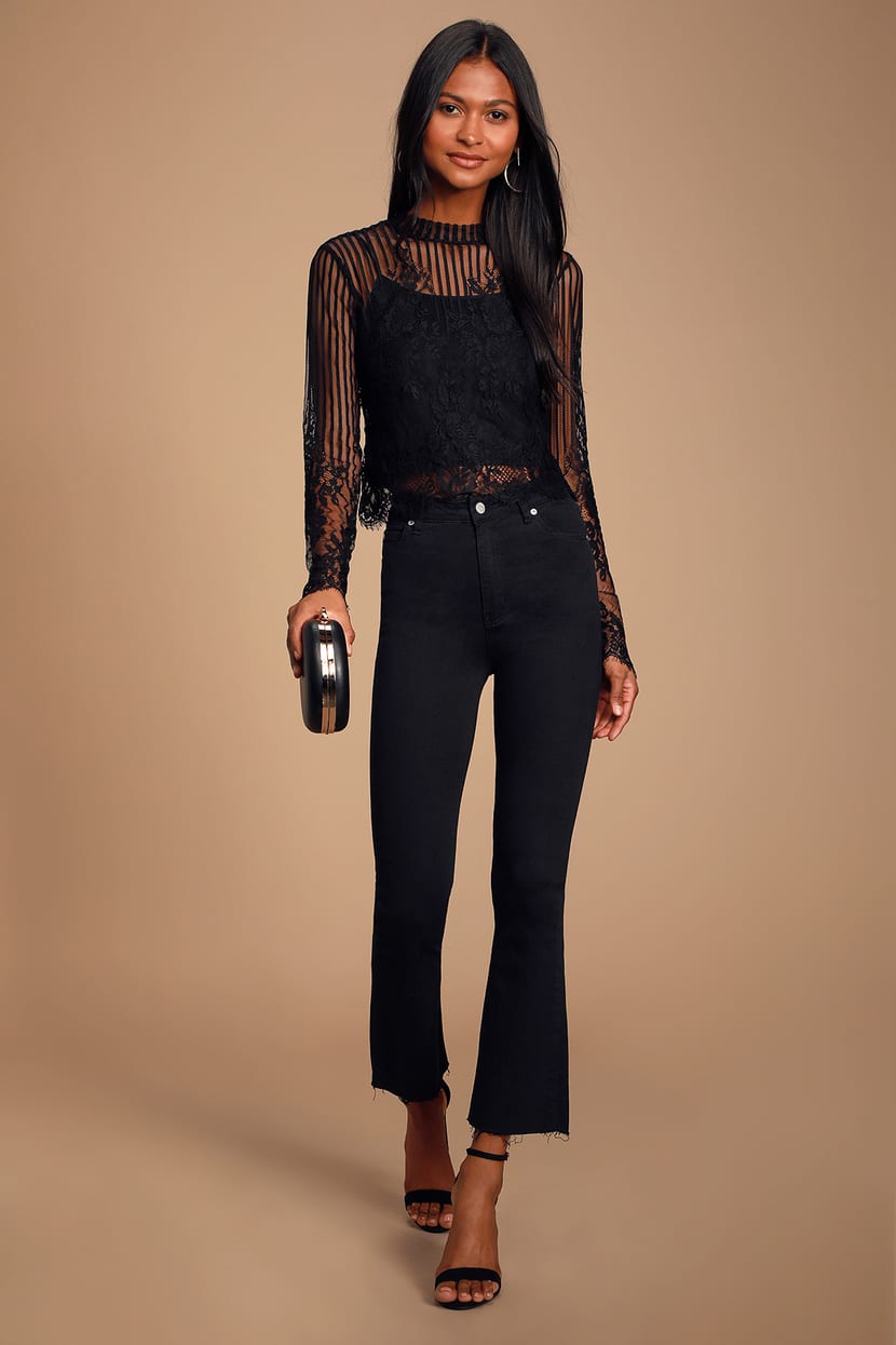 Sexy Black Lace Top - Long Sleeve Lace Top - Black Lace Crop Top - Lulus
