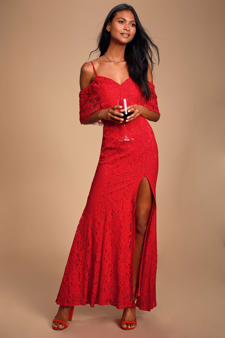 Pretty Lace Dress - Red Lace Dress - Off-the-Shoulder Maxi Dress - Lulus