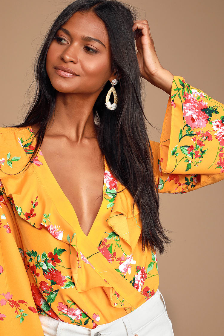 Cute Yellow Bodysuit - Floral Print Bodysuit - Ruffled Bodysuit - Lulus