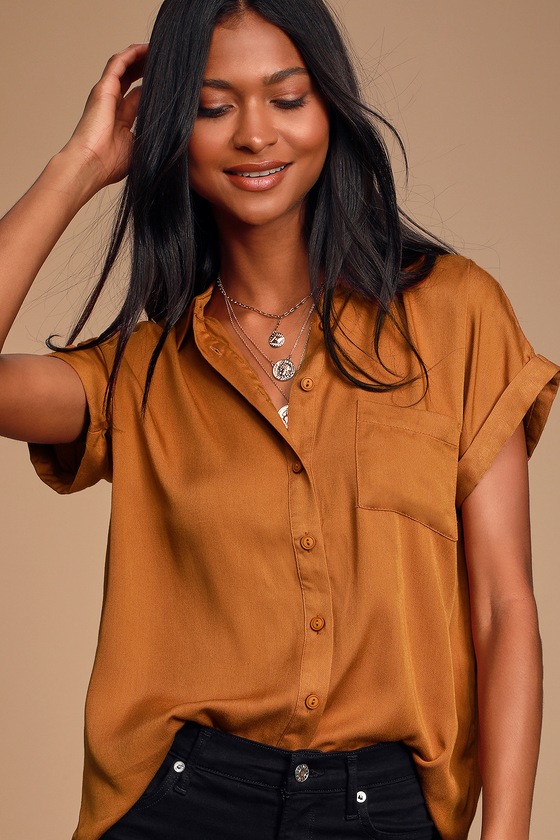 Classic Rust Brown Top - Button-Up Top - Short Sleeve Top - Top - Lulus