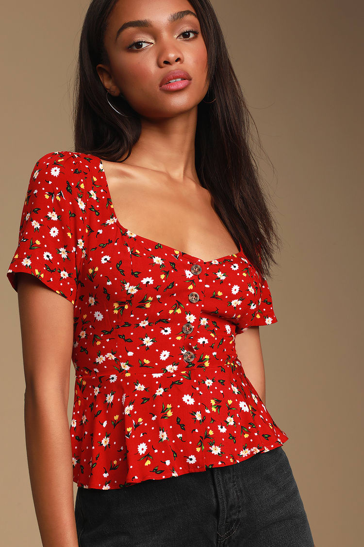 Cute Red Floral Print Top - Button-Up Top - Short Sleeve Top - Lulus
