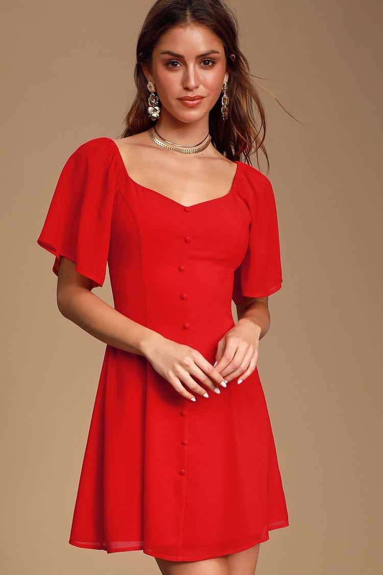 Lovely Red Dress - Button-Front Dress - Mini Dress - OTS Dress - Lulus