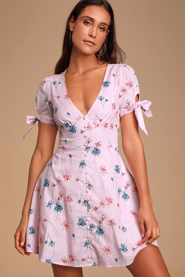 Cute Light Pink Dress - Floral Print Dress - Short Sleeve Dress - Lulus