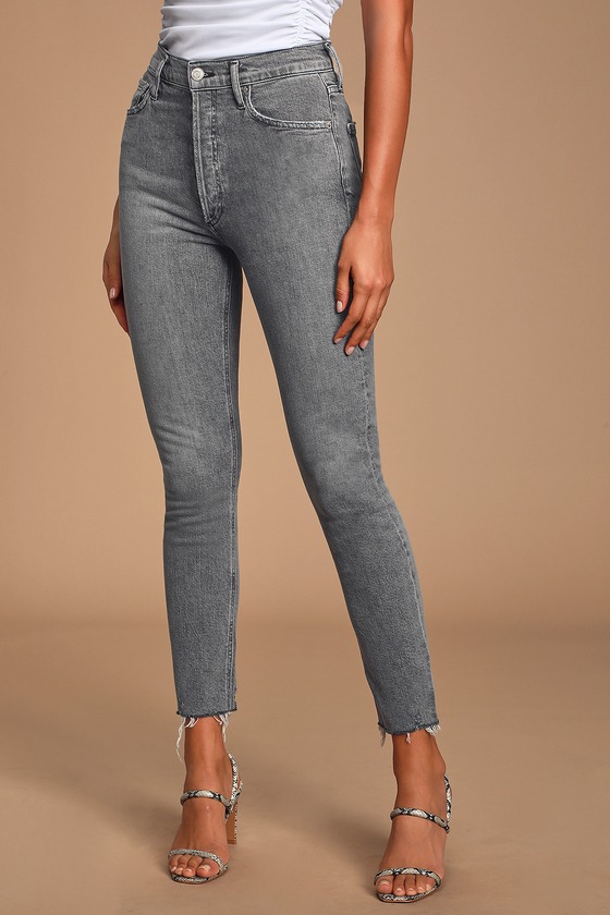 high rise grey jeans