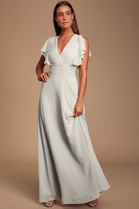 Pretty Light Grey Maxi Dress - Flutter Sleeve Dress - Gown - Lulus