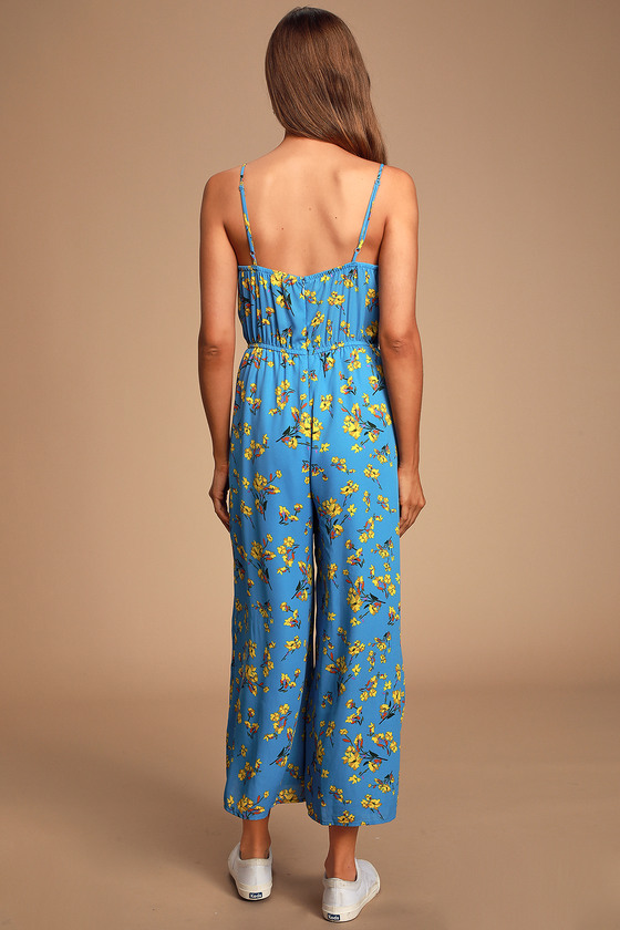 blue floral jumpsuit