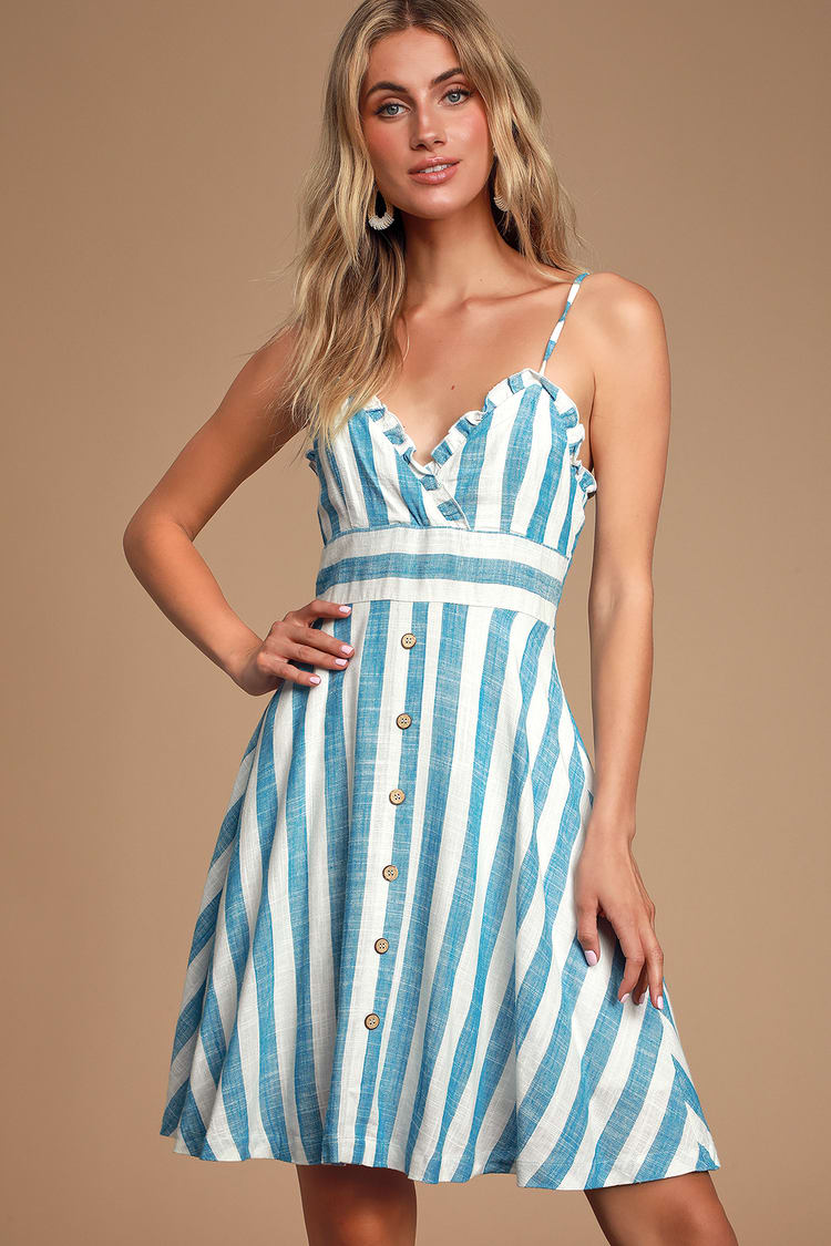 Blue and White Striped Dress - Button Front Dress - Linen Dress - Lulus