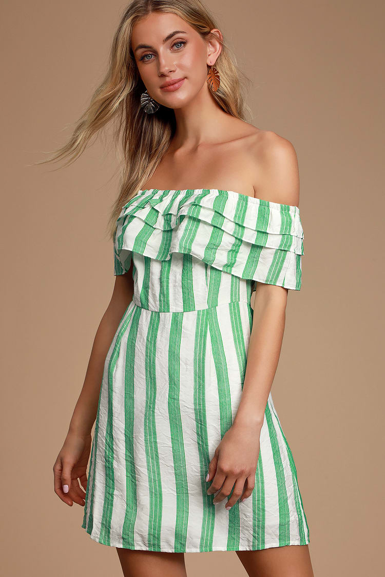 White and Green Striped Dress - Striped Off-the-Shoulder Dress - Lulus
