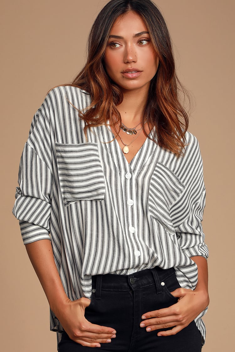 Cute White Striped Top - Button-Up Blouse - Collared Top - Top - Lulus
