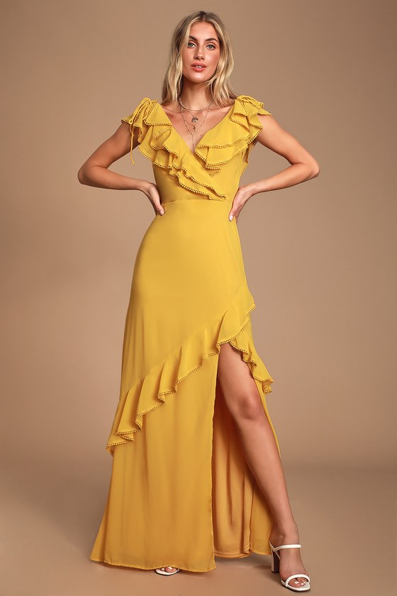 long yellow ruffle dress
