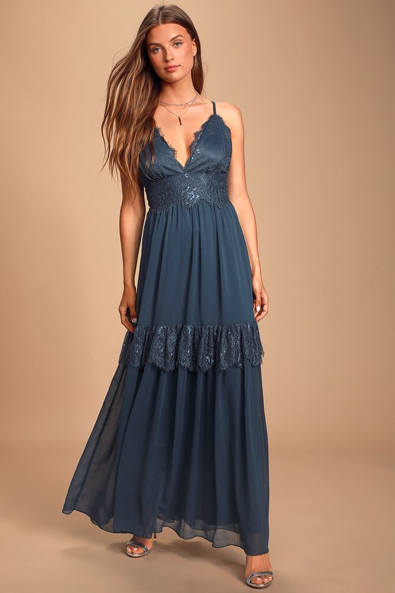 Navy Blue Lace Dress Lace Maxi Dress Gown Formal Dress Lulus 4802