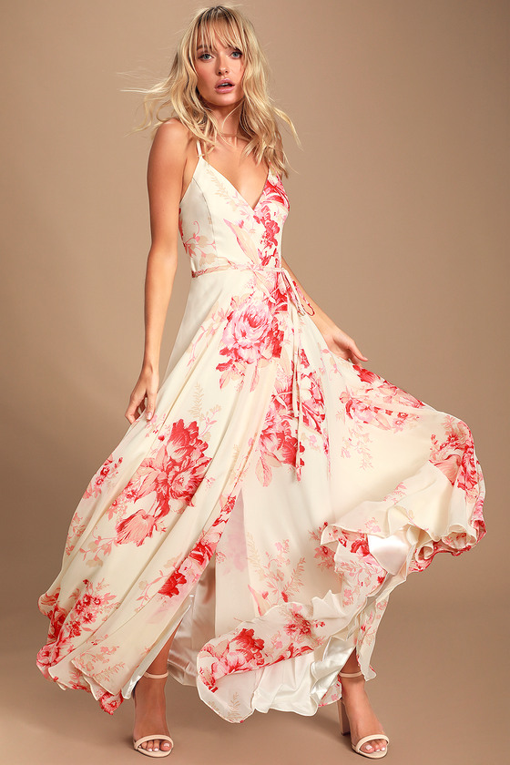 Cream and Coral Floral Print Dress - Wrap Dress - Maxi Dress - Lulus