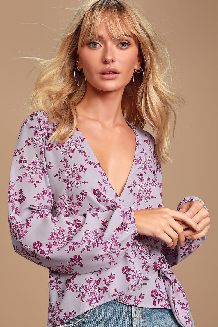 Cute Lavender Floral Print Top - Wrap Top - Long Sleeve Top - Lulus