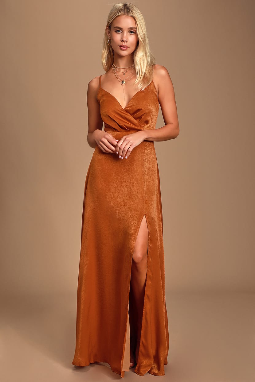 Sexy Rust Orange Maxi Dress - Satin Maxi Dress - Surplice Dress - Lulus