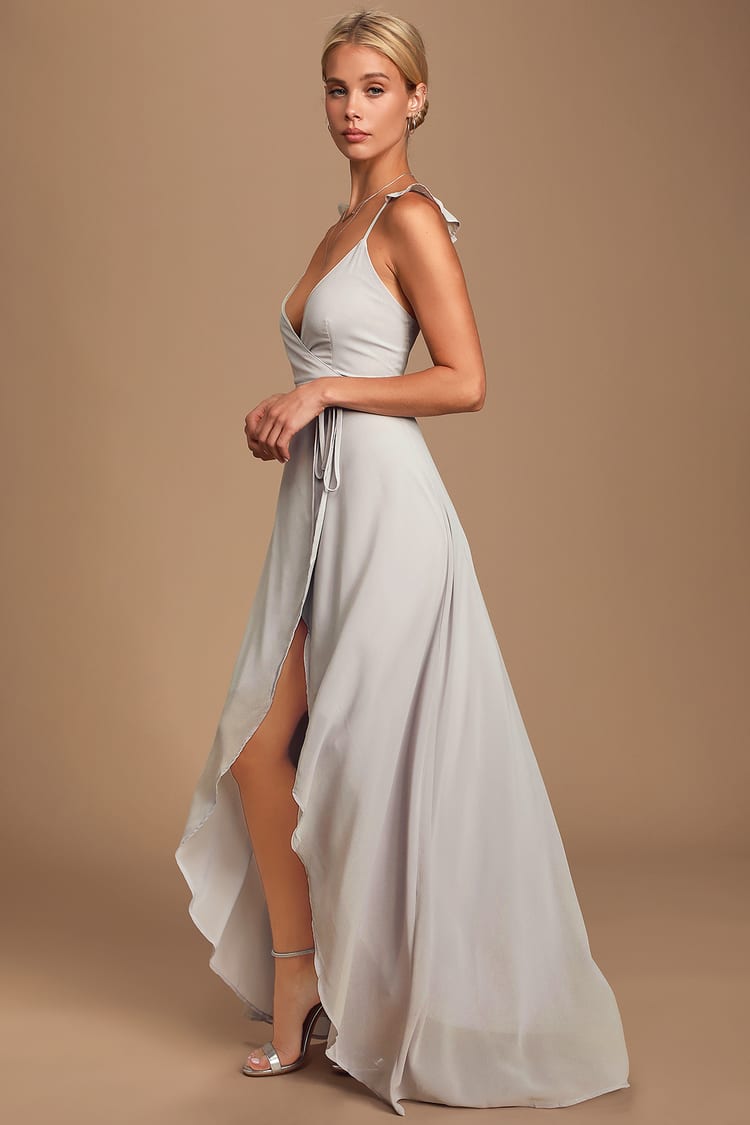 Lovely Light Grey Dress - High-Low Maxi Dress - Wrap Dress - Lulus