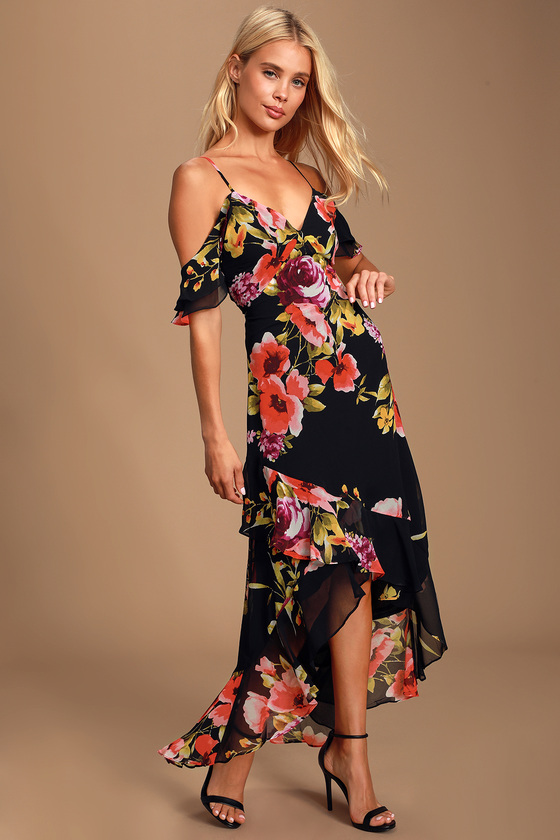 Lovely Black Dress - Floral Print Dress - Off-the-Shoulder Dress - Lulus