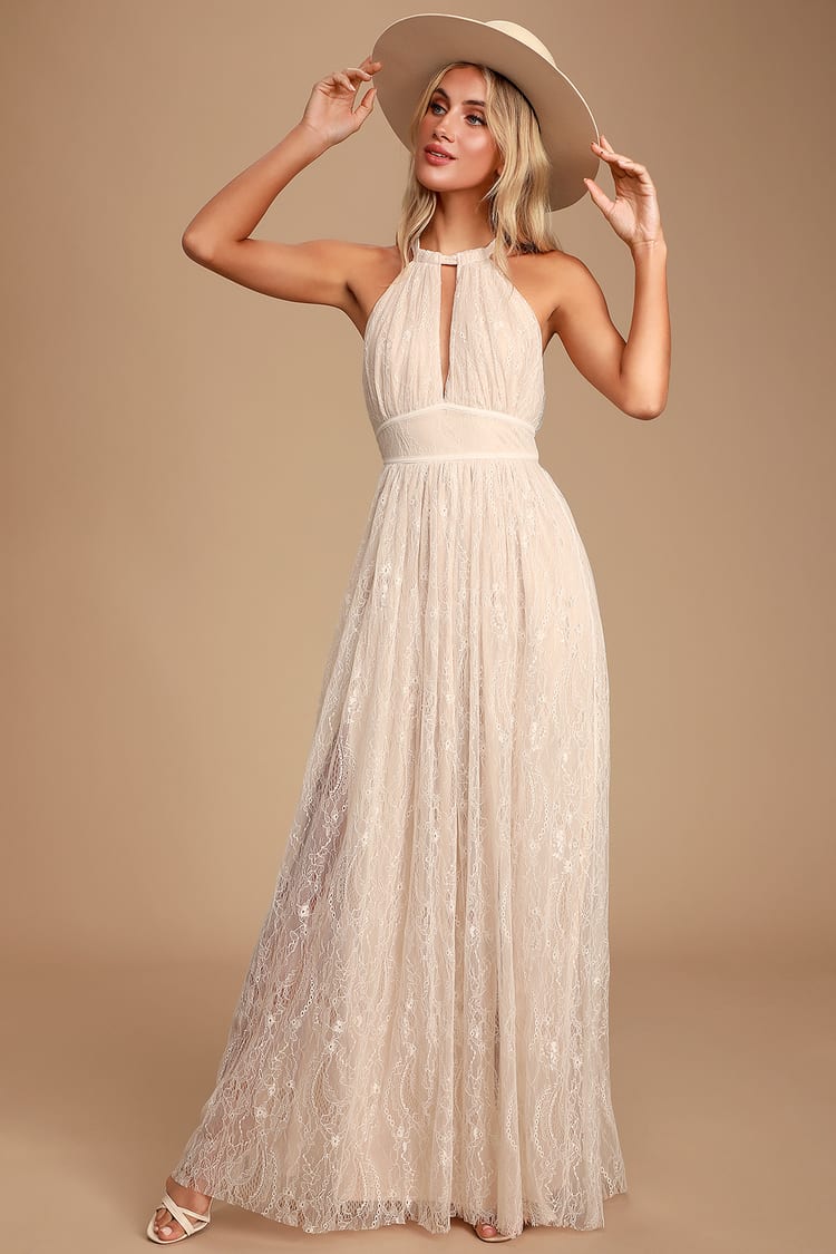 Off White Lace Maxi Dress - Halter Maxi Dress - Lace Bridal Dress - Lulus