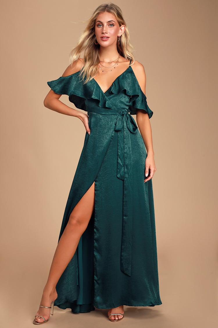 Pretty Emerald Green Dress - Cold-Shoulder Maxi - Wrap Dress - Lulus